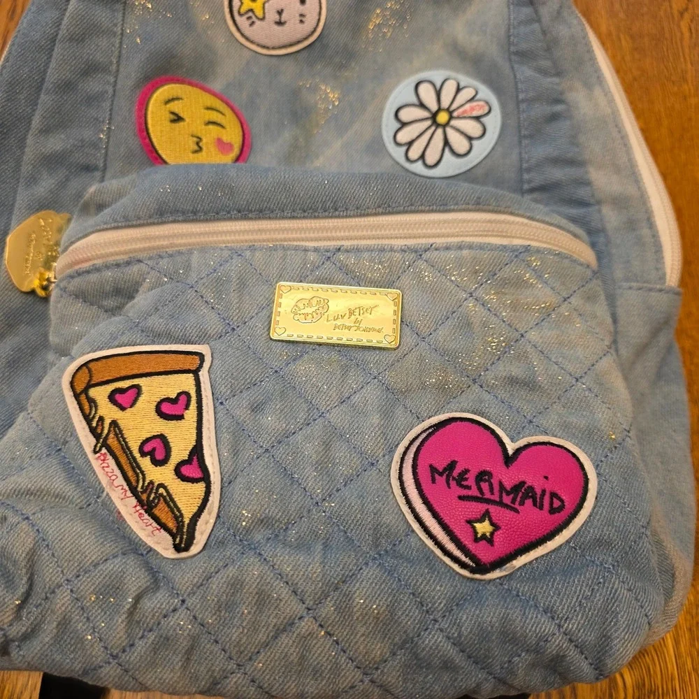 Luv Betsey by Betsey Johnson Denim Patch Backpack Light Blue Quilted Glitter